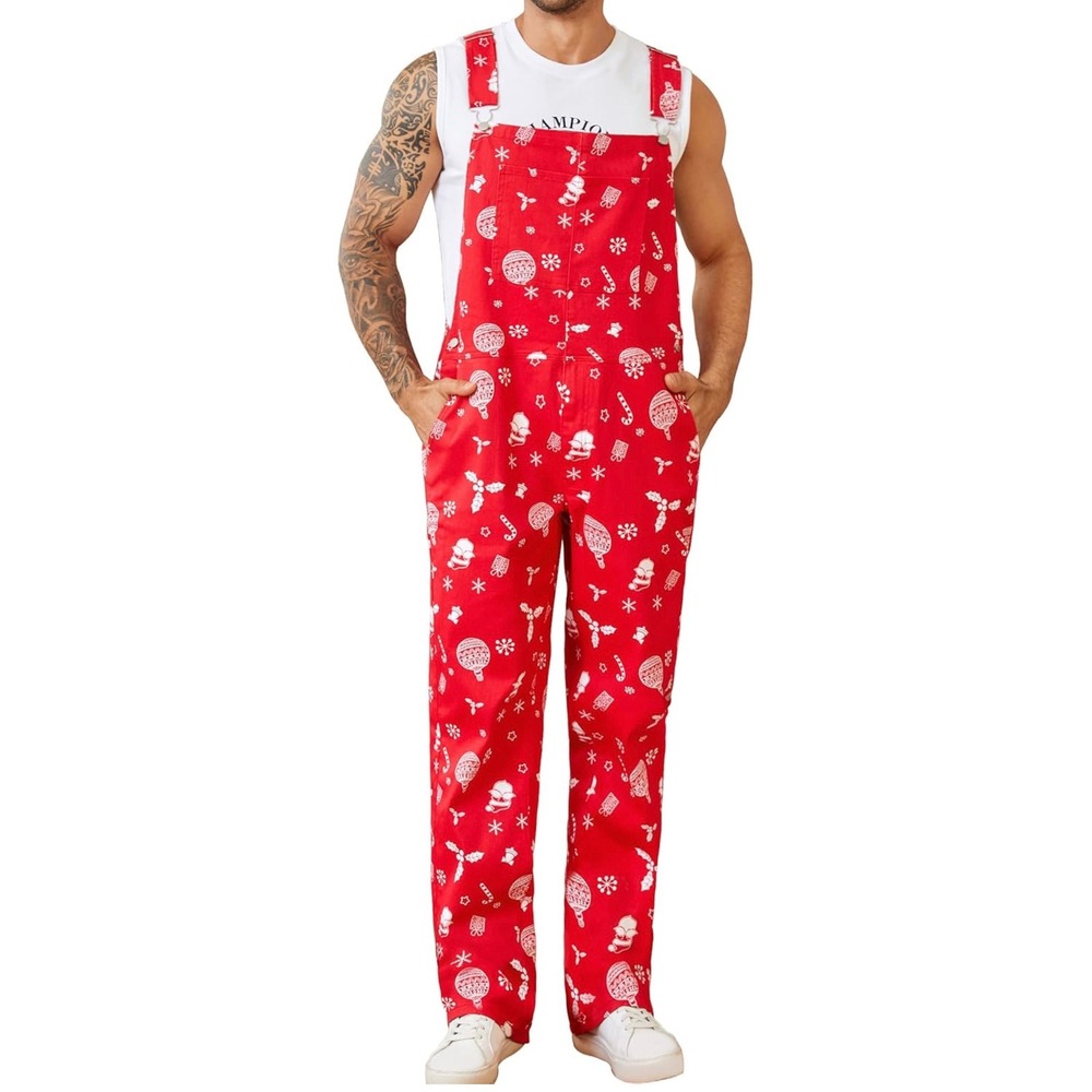 Yuanbang Mens Christmas Bib Overalls Red‎ Santa Snowflake Print XL